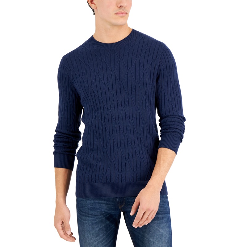 Alfani Men's Cable Knit Cotton Crewneck Sweater Dark Blue XL