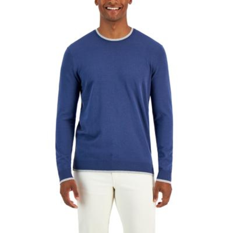 Alfani Men's Contrast Edge Crewneck Sweater Blue Nite  Small