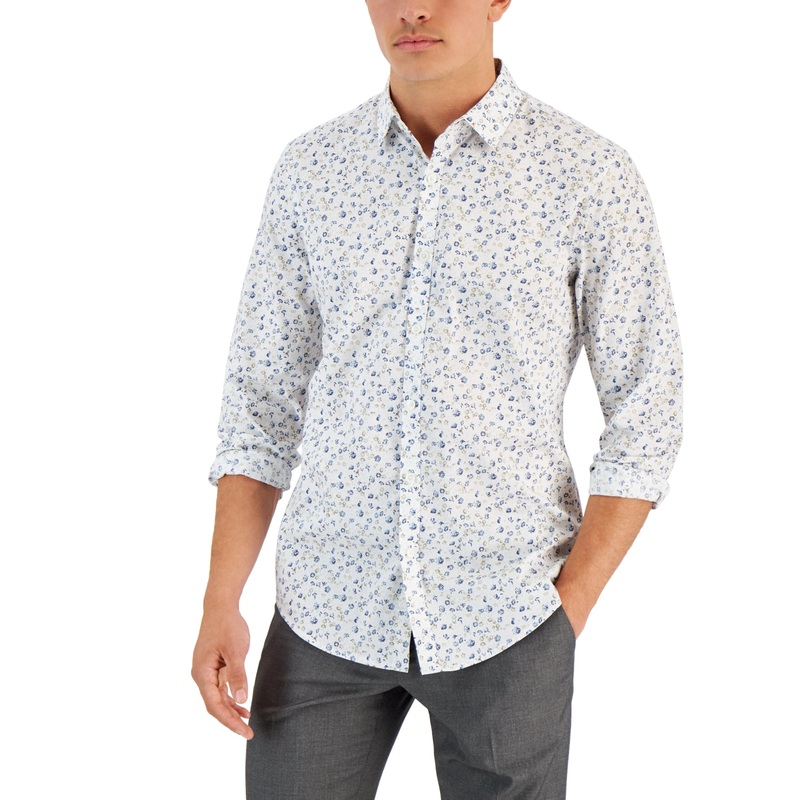 Alfani Men's Georgie Floral Print Button Down Shirt White Large