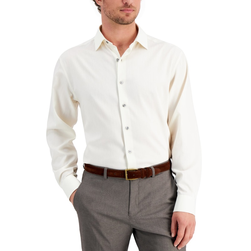 Alfani Men's Regular Fit 2Way Stretch Herringbone Dress Shirt Beige khaki Size 17 17.5