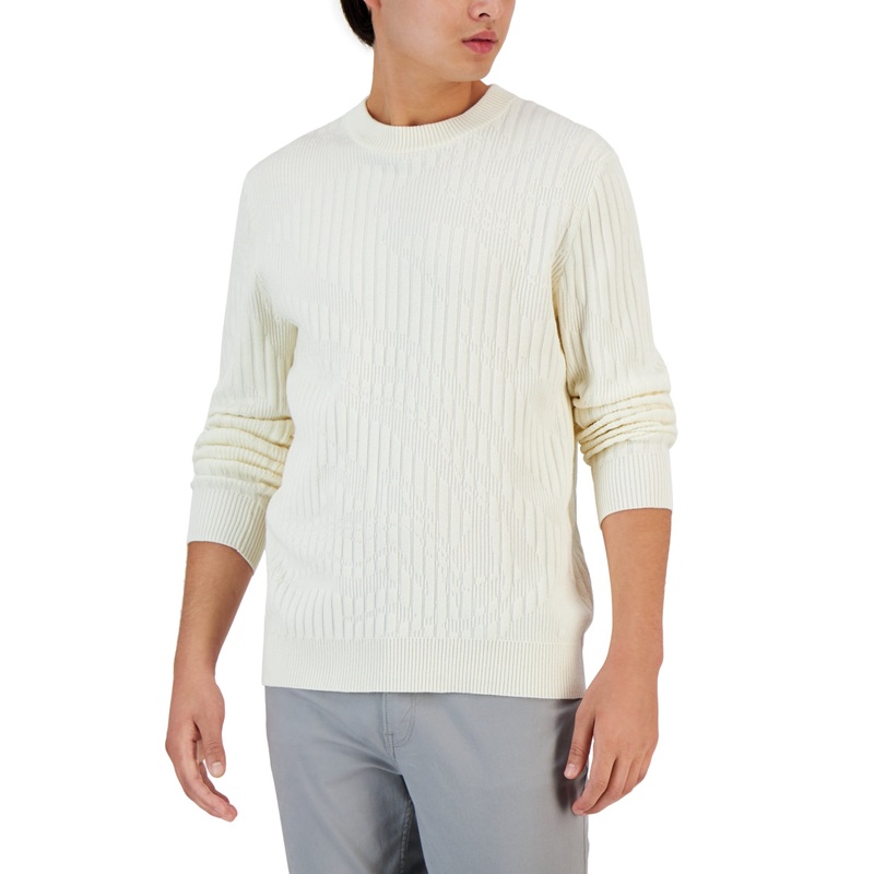 Alfani Men's Ribbed Marble Crewneck Sweater  Vanilla Ice White  Large