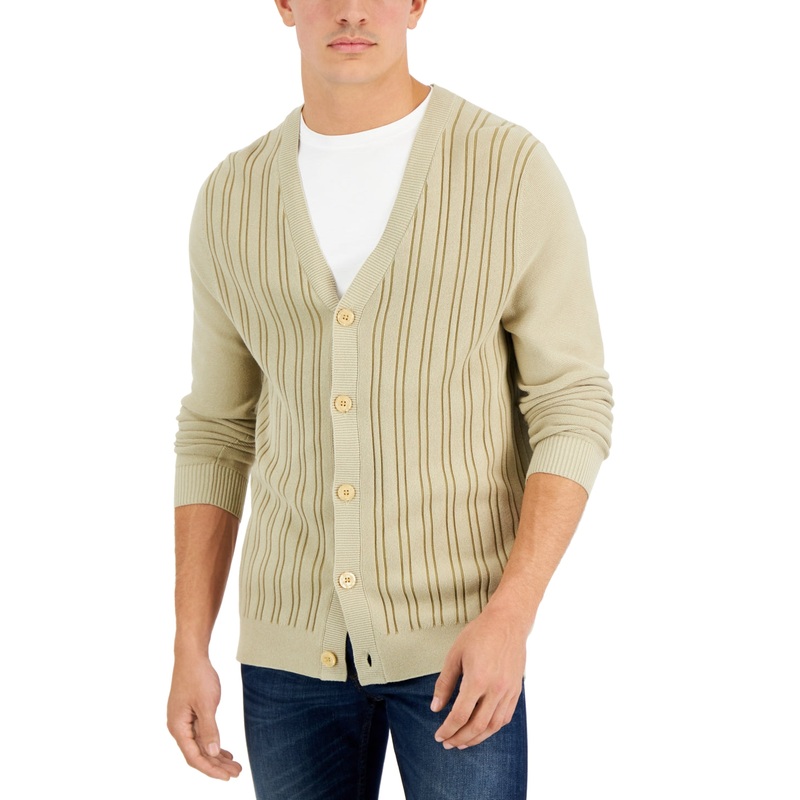 Alfani Men's Vneck Stripe Cardigan Sweater Beige Medium