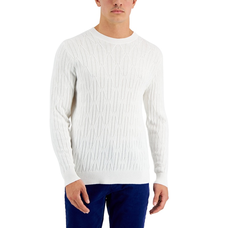 Alfani Mens Cable Knit Cotton Crewneck Sweater XXL 2XL White