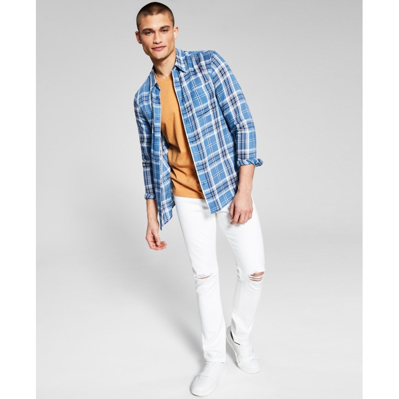 And Now This Men's Soft Plaid Button up Shirt Blue Medium