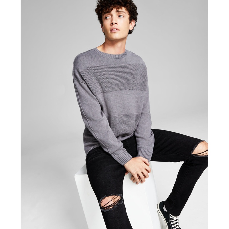 And Now This Men's Textured Stripe Sweater  Fog Heather   Gray Large