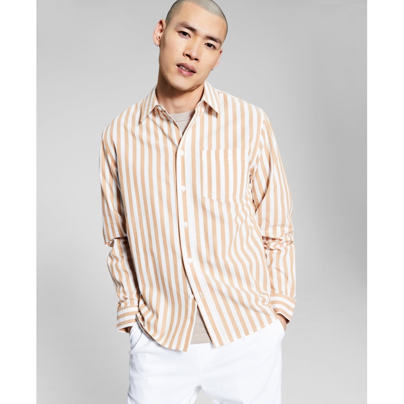 And Now This Men's White Biscuit Striped Long Button Down sleeve Shirt