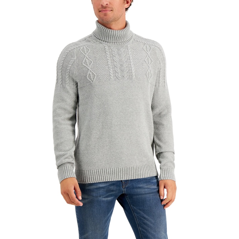 Club Room Men's Chunky Cable Knit Turtleneck Sweater Soft Grey Heather Small
