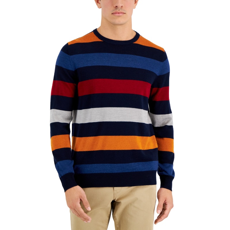 Club Room Men's Merino Stripe Sweater  Navy Blue Size Large