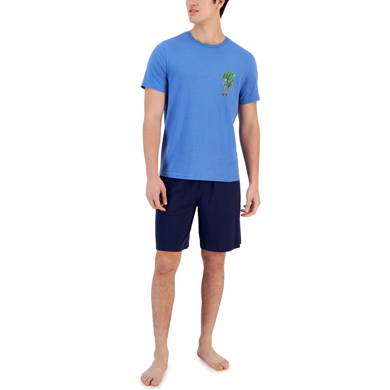 Club Room Men's Two Piece Pajama Set Graphic T-shirt and Shorts Blue Xxl