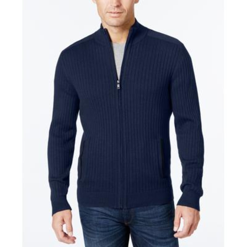 Alfani Men's Ribbed Full zip Sweater Classic Fit Dark Blue  Medium