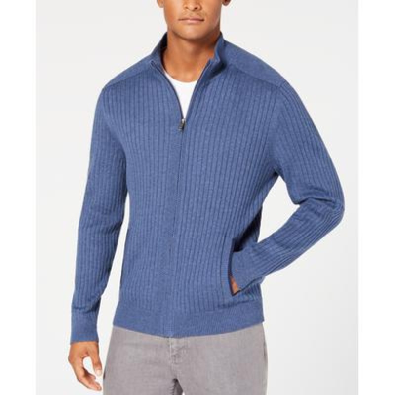 Alfani Men's Ribbed Full-zip Sweater Classic Fit Dark Blue Xl