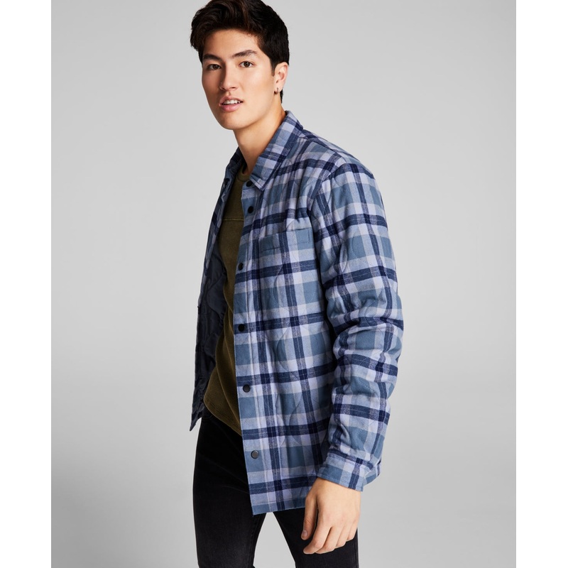 And Now This Mens Cotton Plaid Button Shirt Jacket Dark Blue XXL