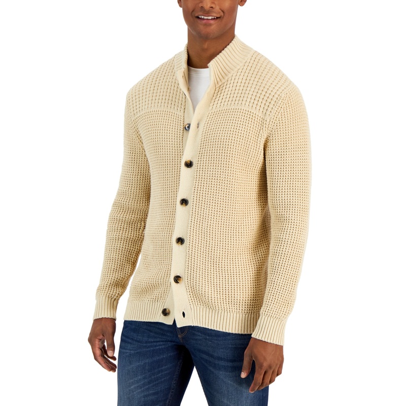Club Room Men's Chunky Waffle Cardigan  Dune Pebble Lt Beige Small