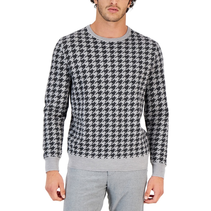 Club Room Men's Merino Houndstooth Crewneck Sweater  Light Grey Medium