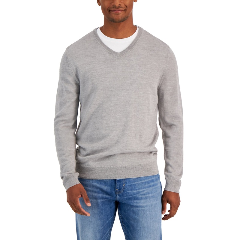 Club Room Men's Vneck Merino Wool Sweater  Smoke Heather  Size Large