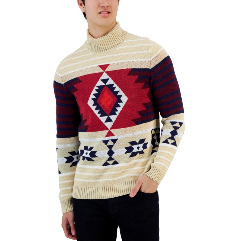 Club Room Mens Fair Isle Turtleneck Sweater Xl Beige Khaki  Cotton
