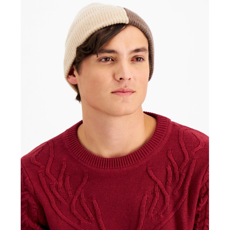 Club Room Men's Tan Color block Beanie Beige Brown Osfa Reg
