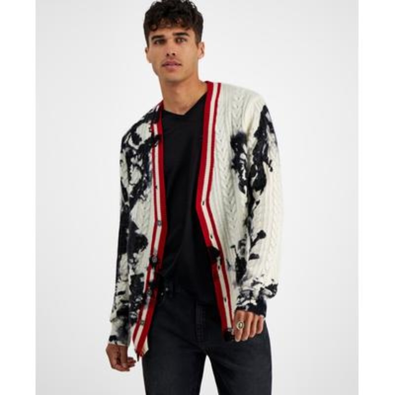 INC International Concepts Men's Cashmere Dye splattered Cable knit Cardigan  Antique White Large