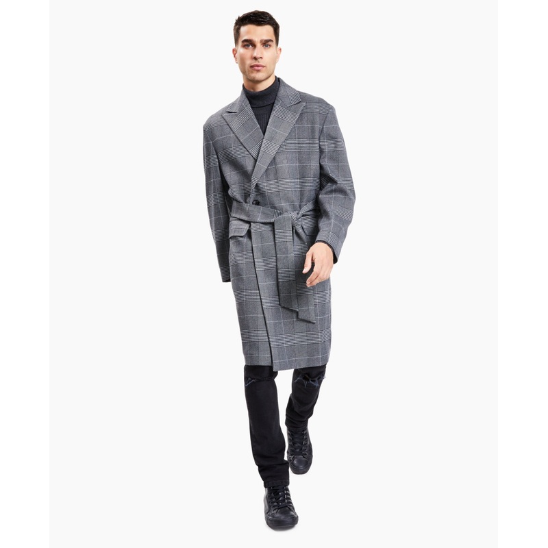 Inc International Concepts Men's Glen Plaid Belted Long Coat Gray Large