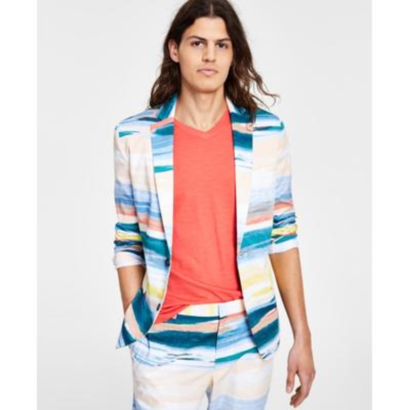 INC Men's Slim fit Coastal Watercolor Blazer  White Pure Comb Small