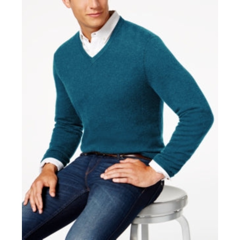 Men's Club Room Vneck Cashmere Sweater  Peacock Heather  Dark Blue  Large