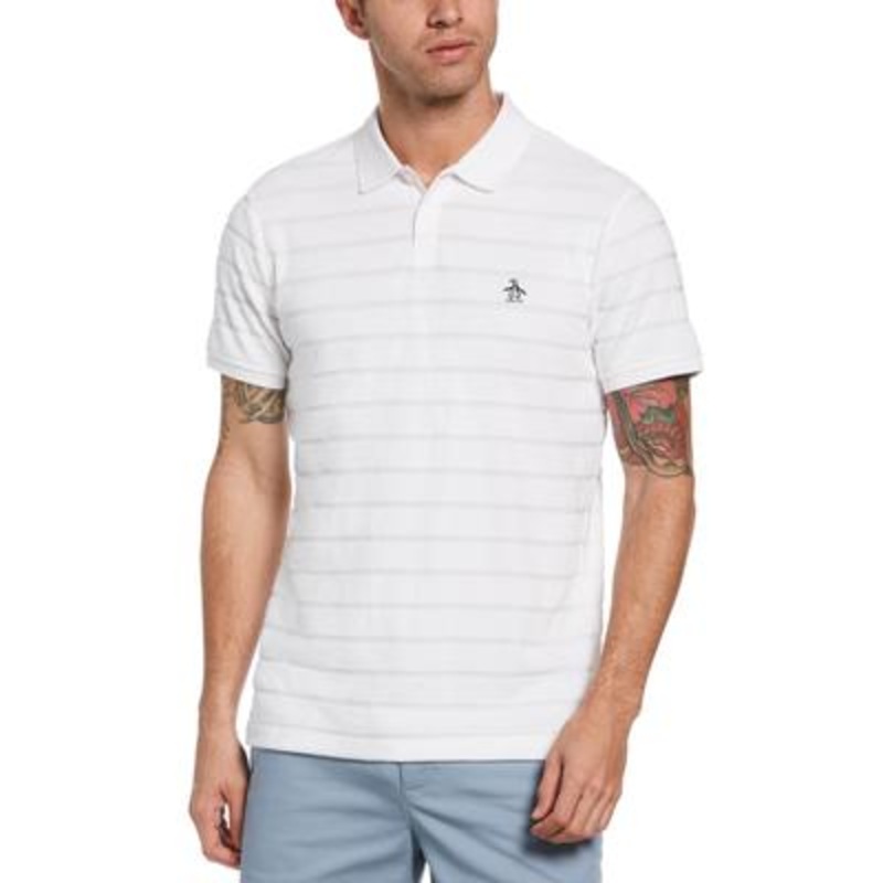 Original Penguin Men's Terry Jacquard Stripe Polo Shirt  White Small