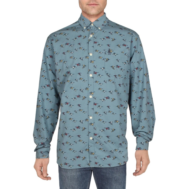 Penguin Mens Print Button down Shirt  Blue Medium