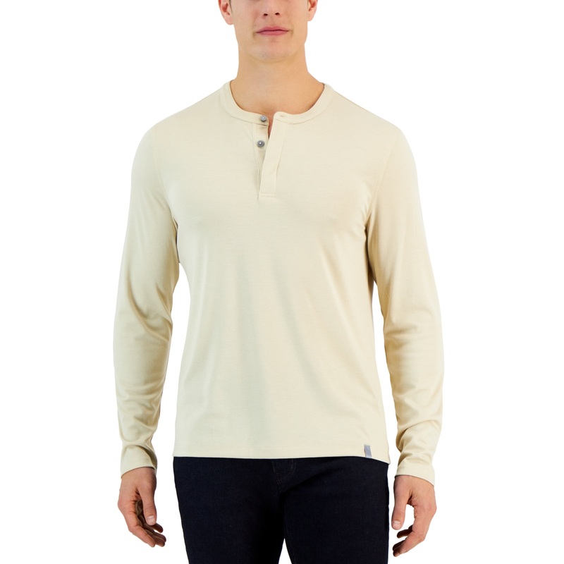 Alfani Men's Alfatech Solid Henley Brown Rice Lt Beige Medium