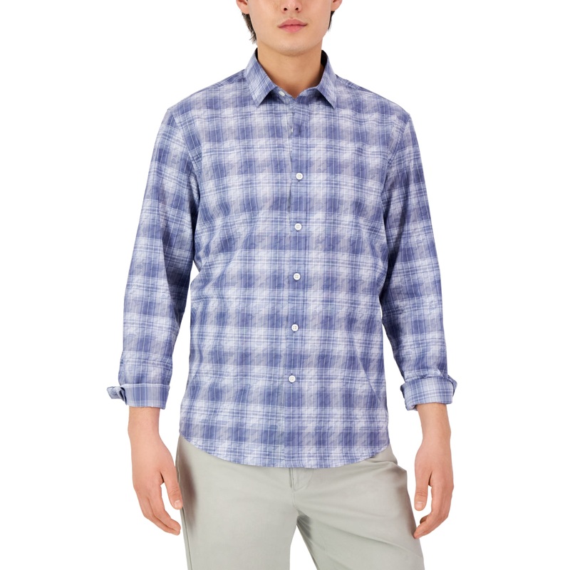 Alfani Men's Long sleeve Domina Plaid Yarn dyed Shirt  Navy Small