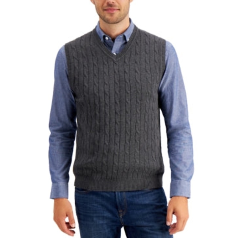 Club Room Men's Cableknit Cotton Sweater Vest  Dark Gray Medium