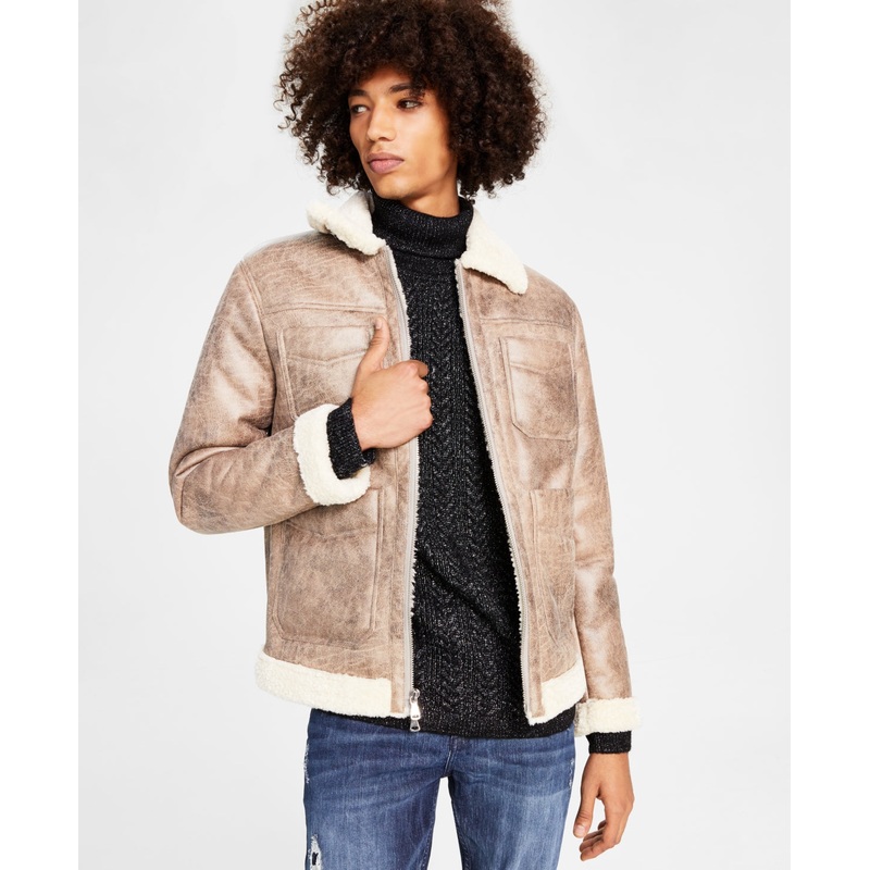 INC International Concepts Mens Flynn Fleece Trimmed Jacket Beige XS