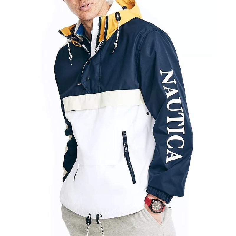 NAUTICA Men's Quarter-Zip Colorblocked Hooded Anorak Jacket Medium Blue White