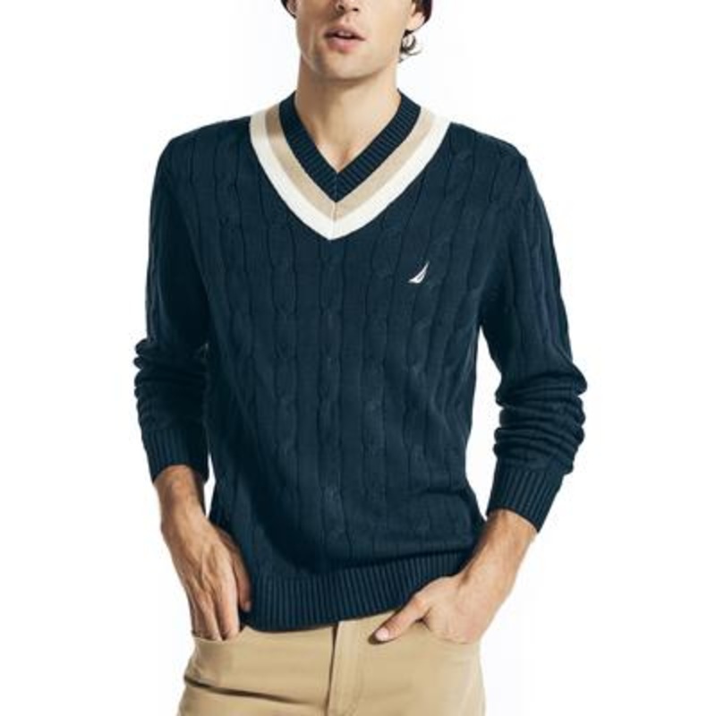 Nautica Mens Cricket Cableknit Vneck Sweater Dark Blue Xl