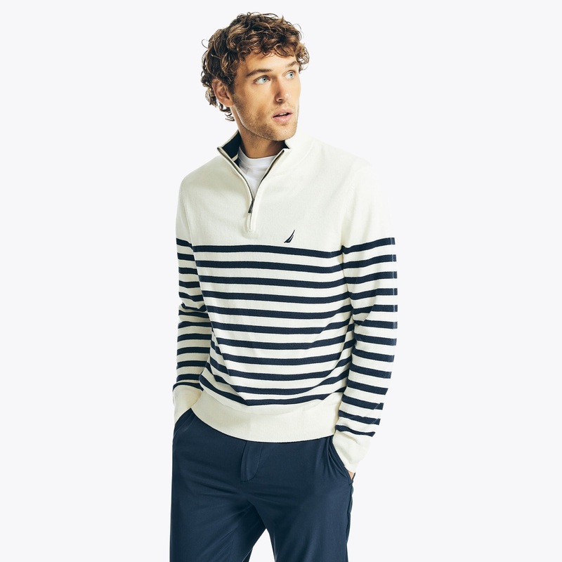 Nautica Mens Navtech Striped Quarter zip Sweater White 2XL