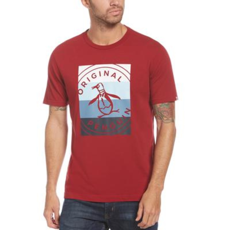 Original Penguin Men's Colorblocked Stamp Logo Graphic Tshirt Dark Red Medium