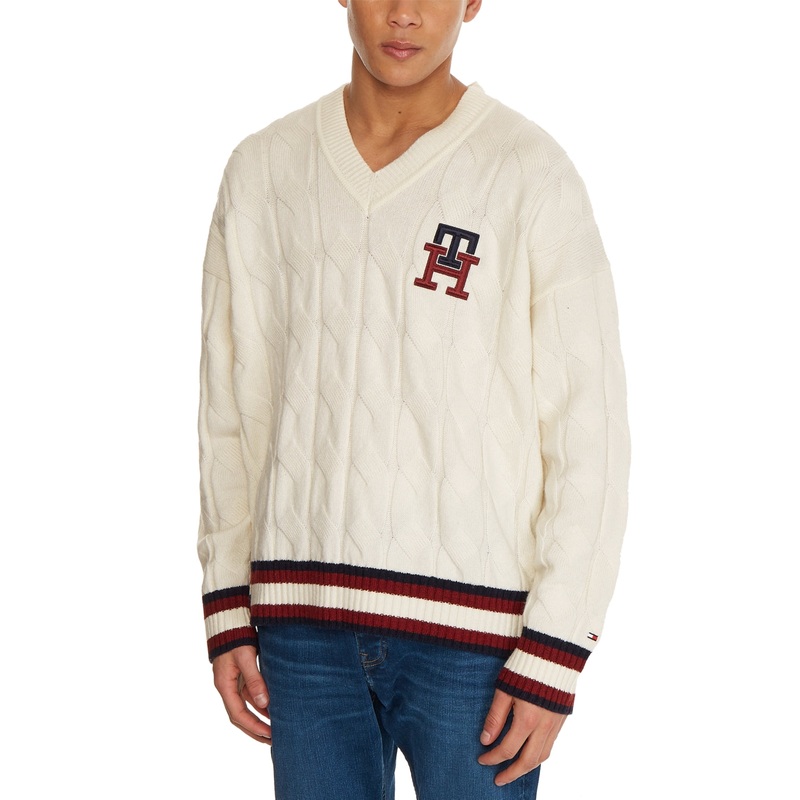Tommy Hilfiger Men's Wool Monogram Pullover Sweater White Xxl