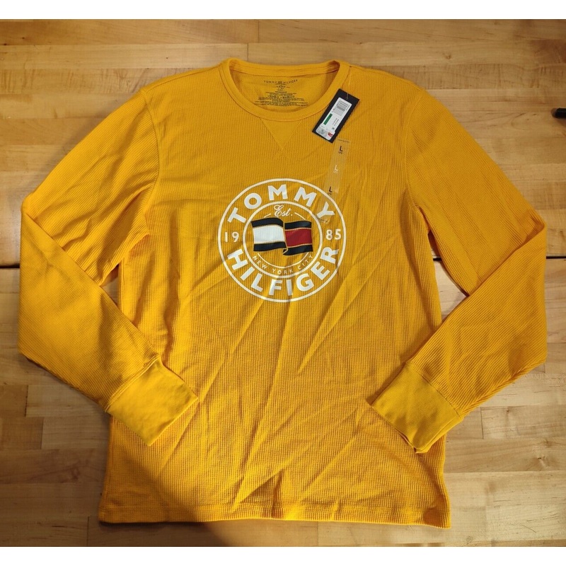 Tommy Hilfiger MensWaffle Knit Long Sleeve Pajama Shirt Yellow Large Gold