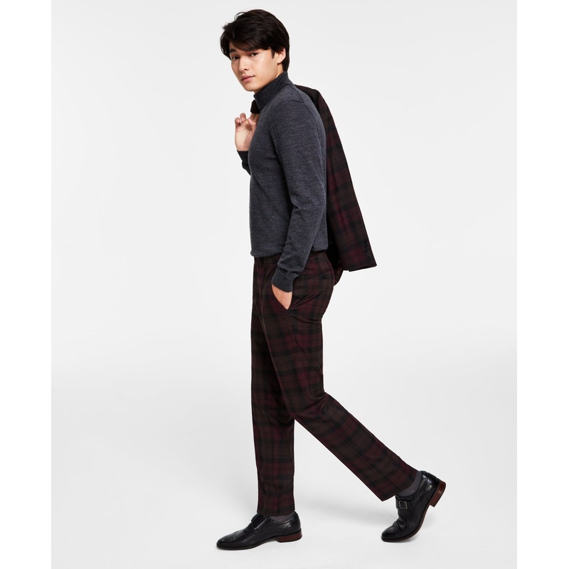 Bar III Men's Slim Fit Dark Red Plaid Dress Pants 30X30
