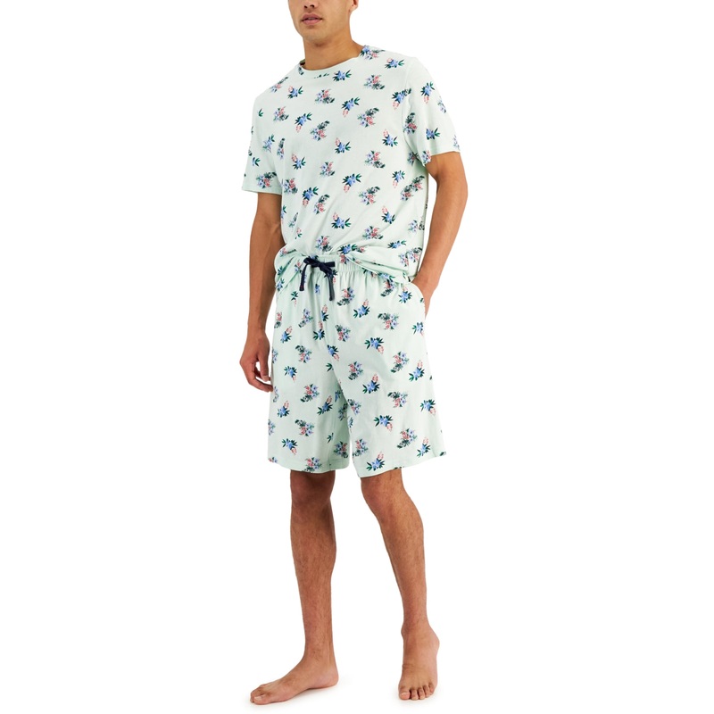 Club Room Men's 2 Piece Floral Pajama Set T-Shirt Shorts light Green Large