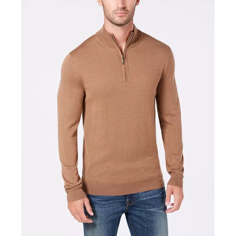 Club Room Men's Quarterzip Merino Wool Blend Sweater Fawn Heather  Brown Medium
