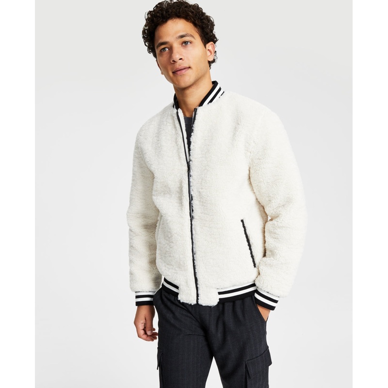 Inc Men's Fleece Varsity Jacket  Antique White Medium