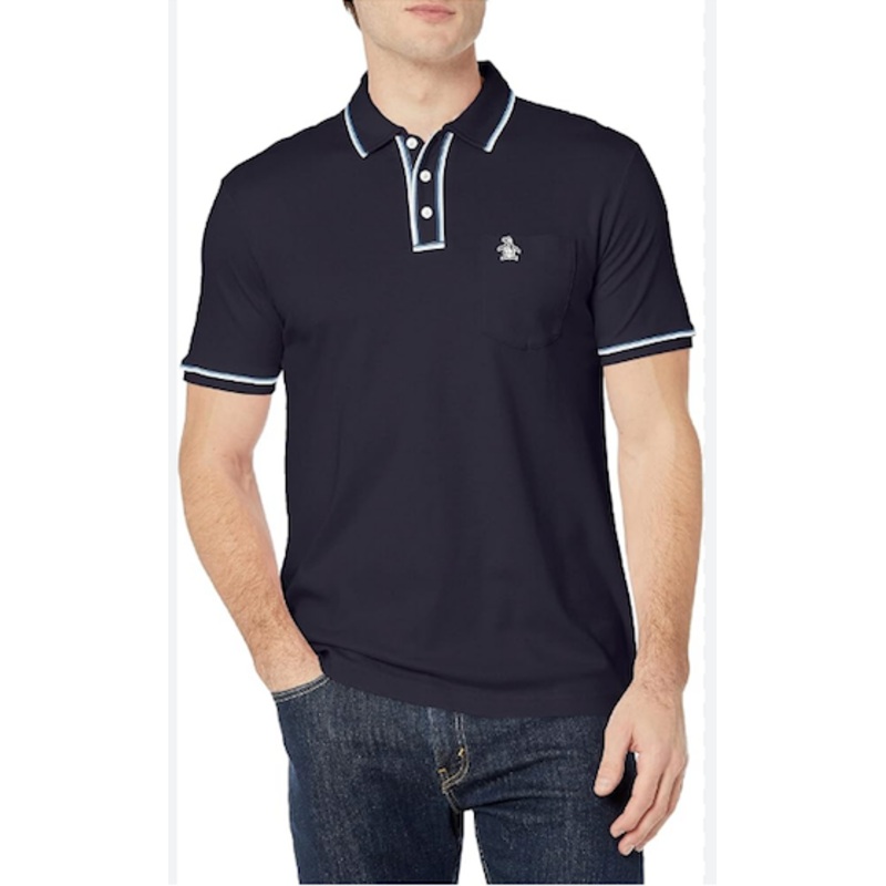 Original Penguin Mens Slim Fit 3D Earl Short Sleeve Polo Shirt Blue XL