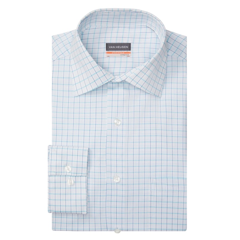 Van Heusen Stain Shield Men's Spread Collar Dress Shirt 17.5 32 33 Blue Wrinklefree