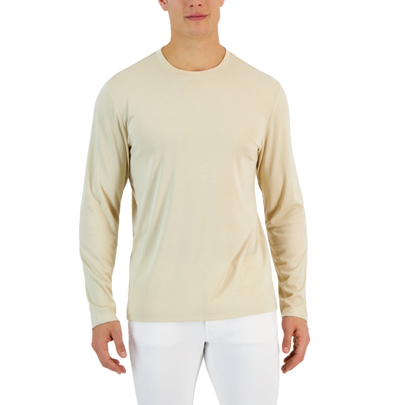 Alfani Alfatech Long Sleeve Crewneck Tshirt  Lt Beige Large
