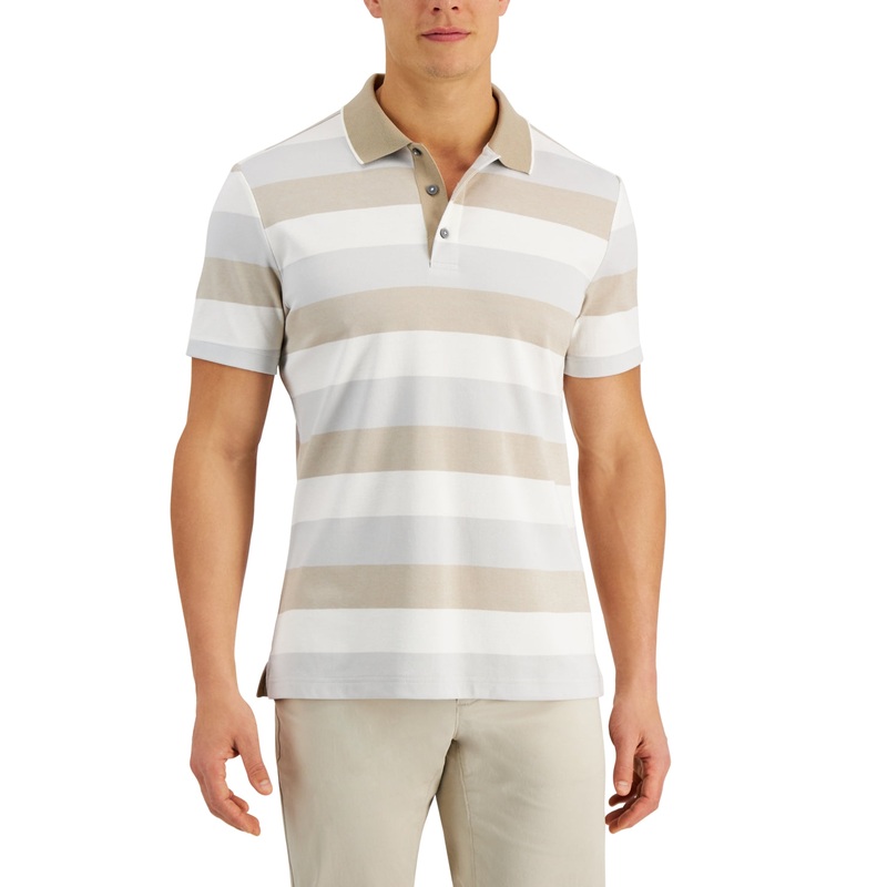 Alfani Men's Regular fit Striped Supima Polo Shirt White  Large