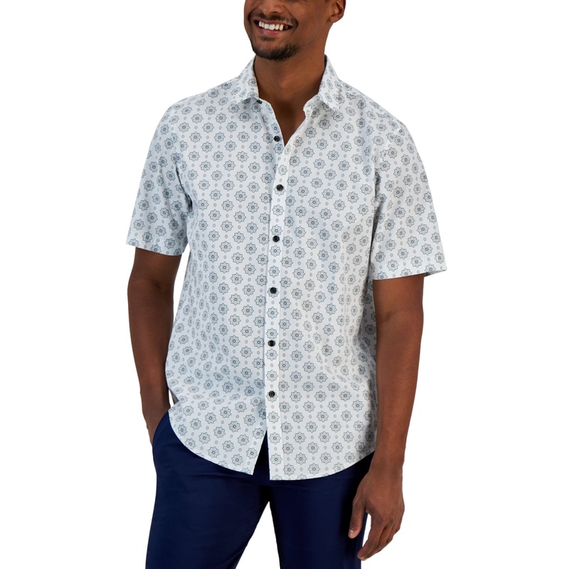 Alfani Mens Manu Medallion print Button down Shirt White Small