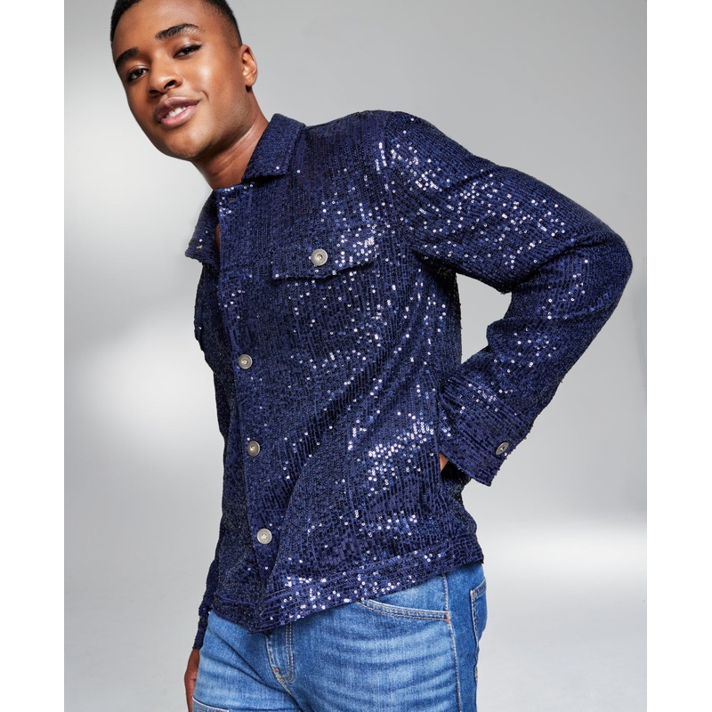 And Now This 5:31 By Jerome Lamaar Men's Sequin Trucker Jacket Dark Blue Small
