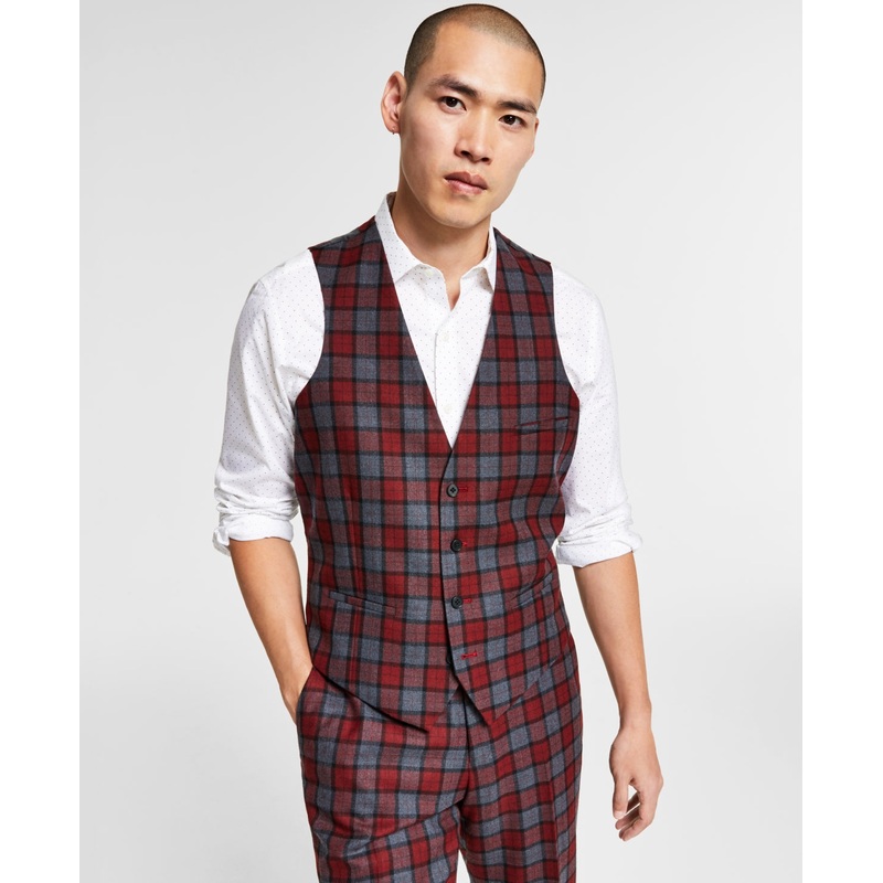 Bar III Men's Red/Gray Plaid Suit Vest Slim Fit Small