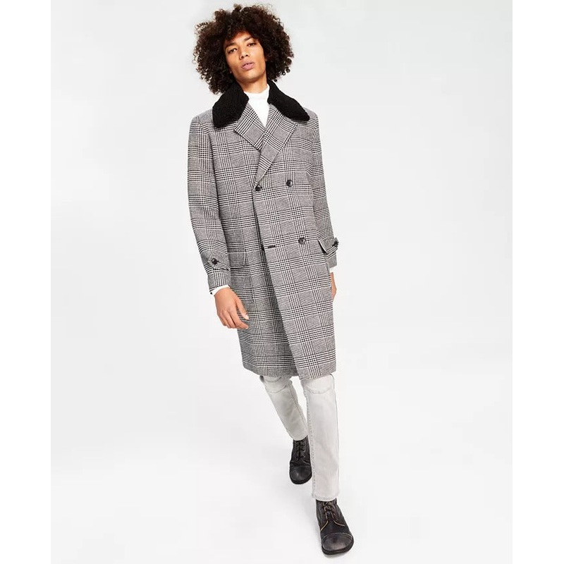 I.N.C. INTERNATIONAL CONCEPTS Men's Glen Plaid Top Coat XS Black Fleece Trim