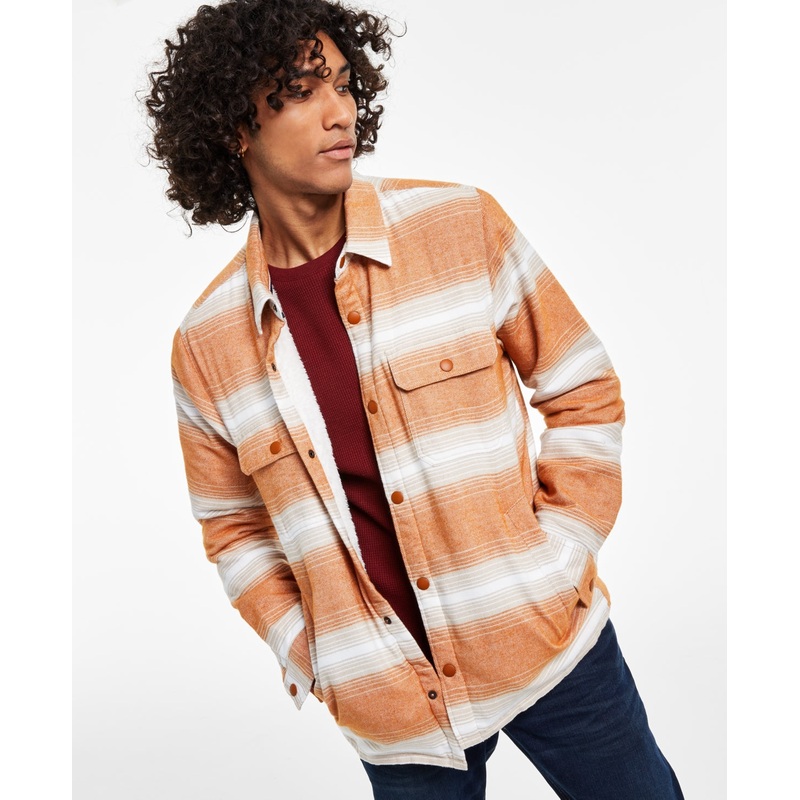 Sun + Stone Men's Kip Regular fit Stripe Flannel Shirt Jacket Caramel Cafe Small